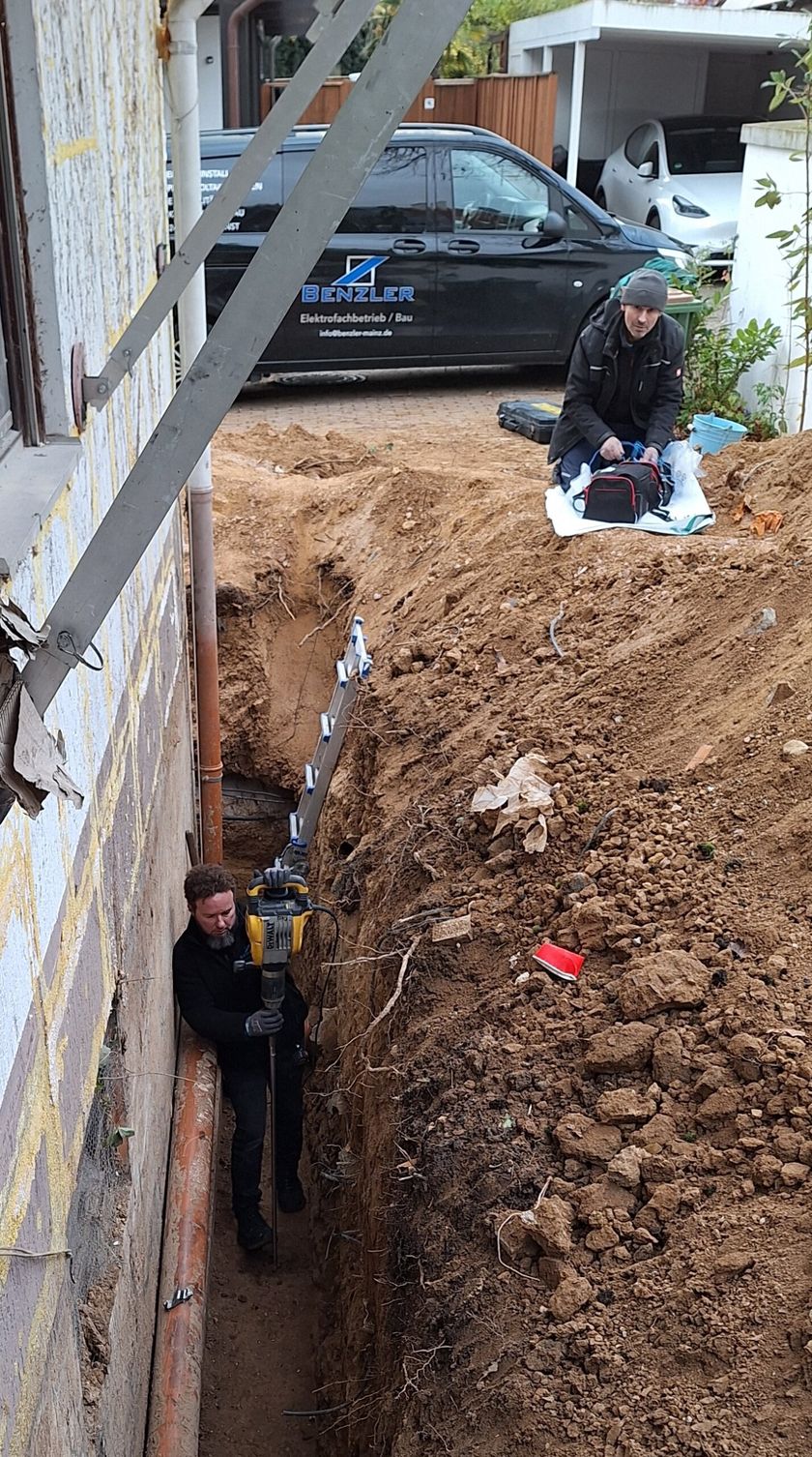 Freigelegter Arbeitsgraben an der Kellerwand für Abdichtung und Drainage